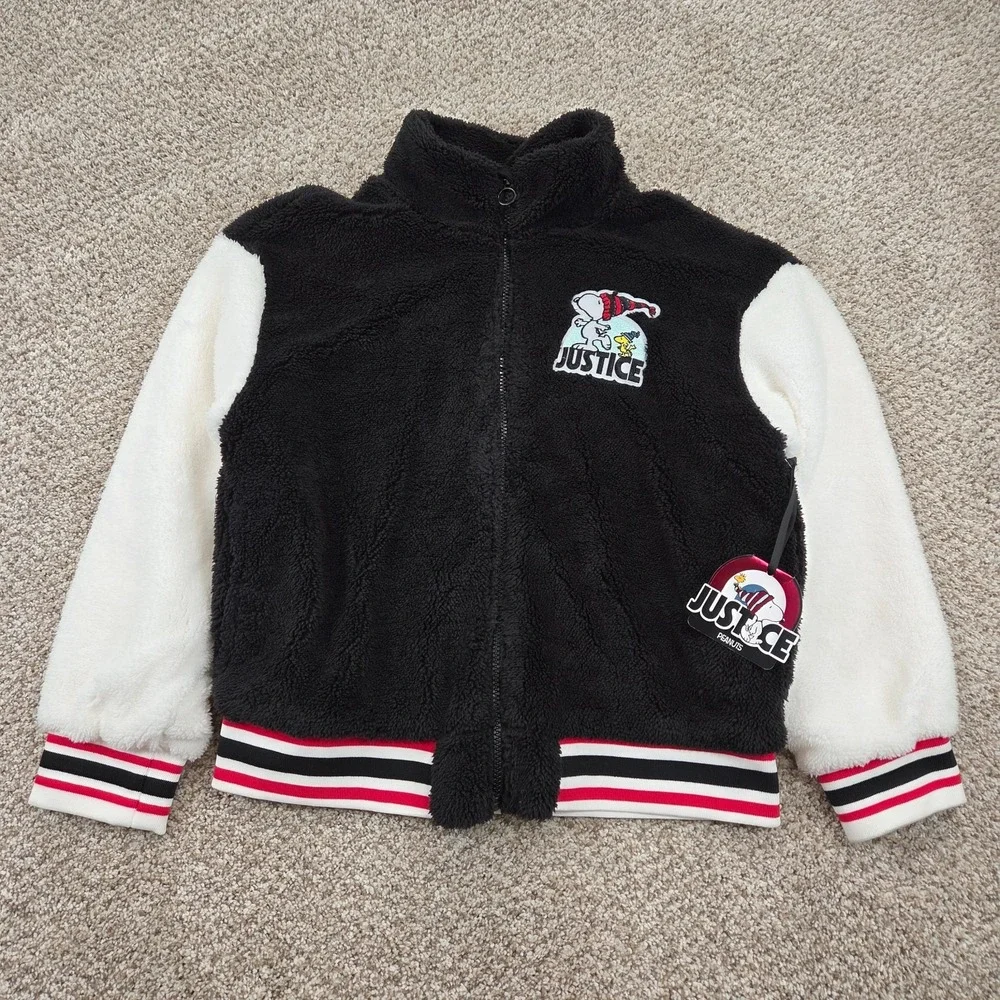 NEW Justice x Snoopy Girls Sherpa Jacket Black Full Zip Faux Fur (L 12/14)